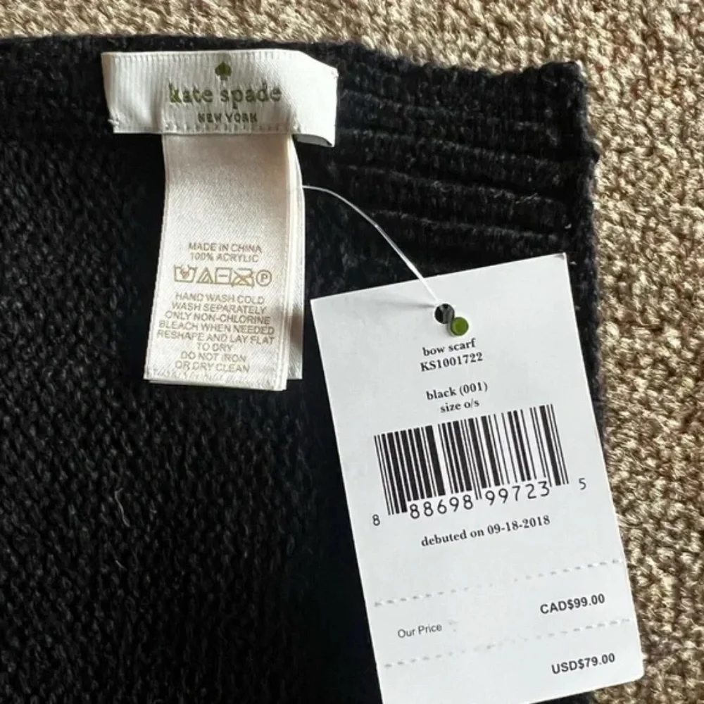 Kate Spade New York Long Classic Black Signature Bow Scarf with Pockets::NWT::